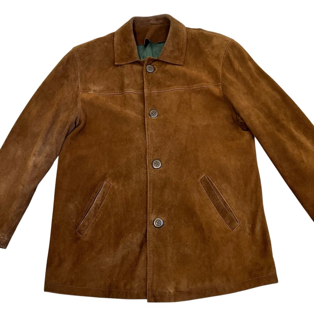 Mens Sz S Vintage 90s Brown Suede Jacket Button Front boxy Fit Hip Length Worn - Picture 5 of 16